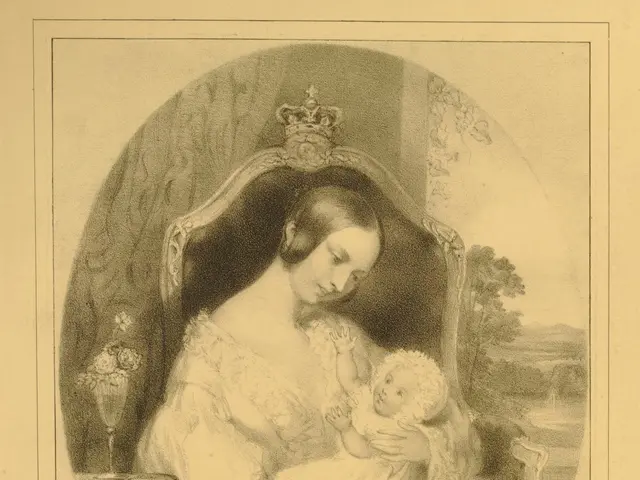 The image shows a woman sitting in a chair, cradling a baby in her arms. She has a gentle...