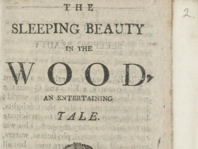 The image shows an old book with the title "The Sleeping Beauty in the Wood, an Entertaining Tale"...