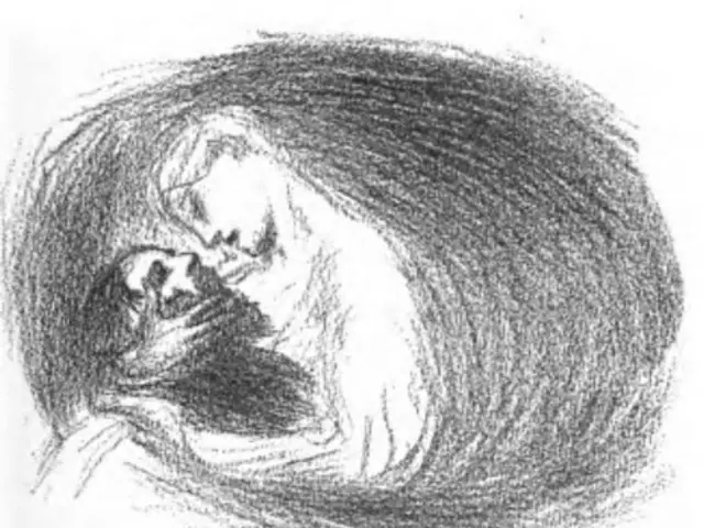 The image shows a black and white drawing of a woman sleeping peacefully in a circle, her face...