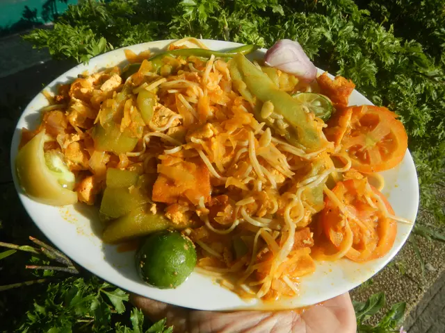 The image shows a person holding a plate of food in their hand, which appears to be a vegetarian...