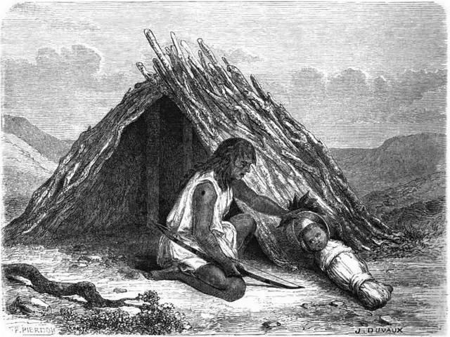 The image shows a black and white illustration of a man and a child in front of a hut, surrounded...