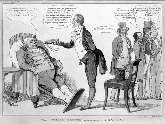 The image shows a black and white cartoon of a man sitting in a chair next to a woman, with a table...