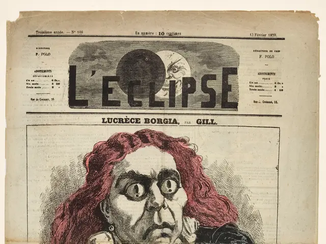 The image shows an old newspaper with a cartoon of a woman holding a knife and a piece of paper....