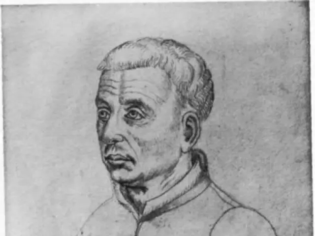 The image shows a black and white drawing of a man in a priest's robes, with text written on the...