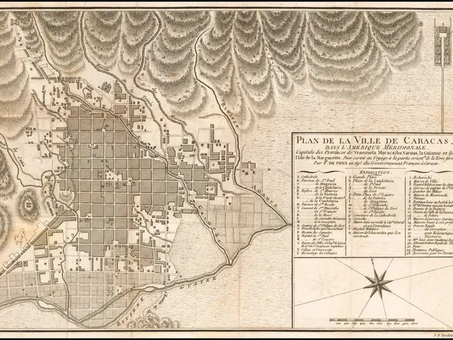 The image shows a map of the city of Caracas, Venezuela, with a black border around it. The map is...