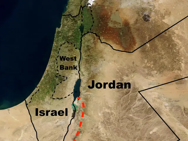 The image shows a satellite view of Israel and Jordan, with the West Bank of Jordan visible on the...