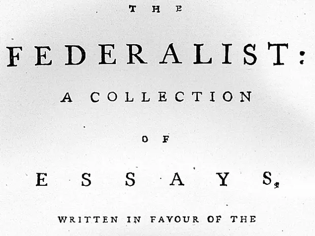 The image shows a paper with the text "The Federalist: A Collection of Essays written in favour of...