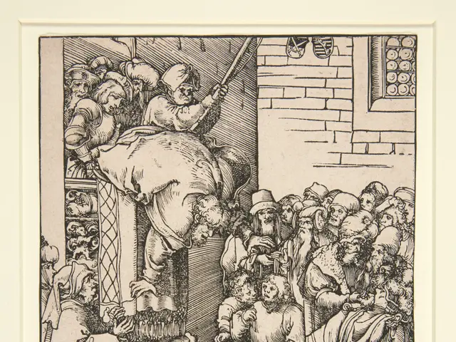 The image shows a black and white engraving of a group of people in a room, with a photo frame...