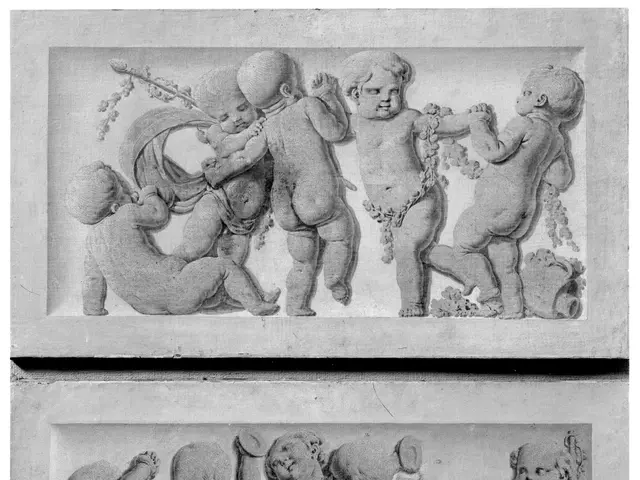 The image shows a black and white photo of a group of children playing with each other in a photo...