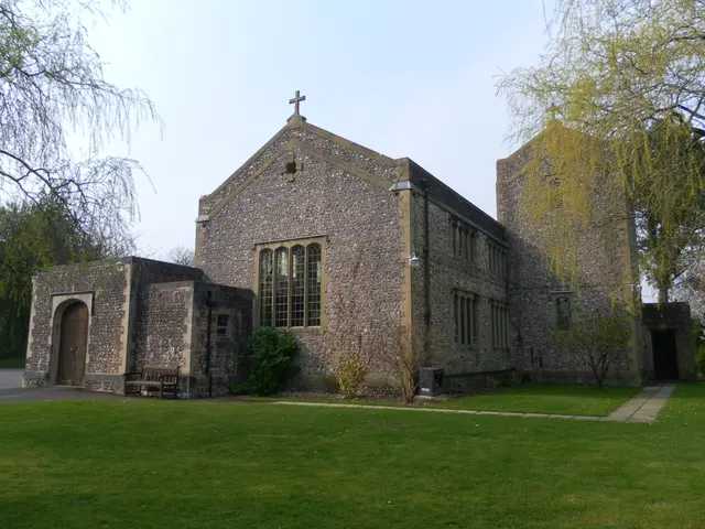 The image shows an old church with a cross on the front of it, surrounded by windows, doors, a...