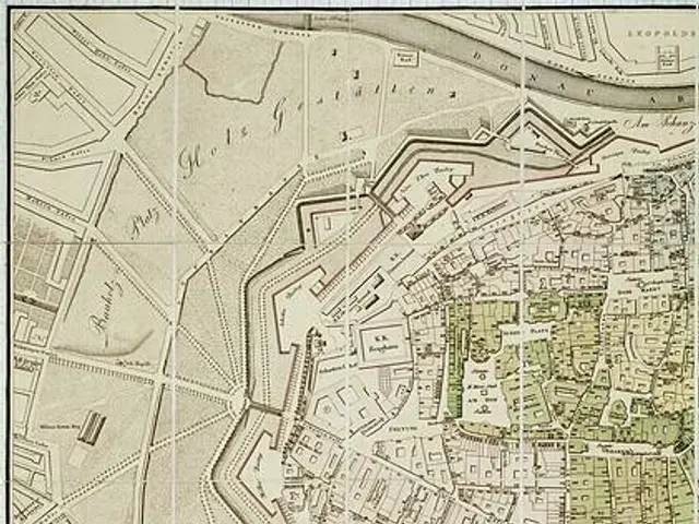 The image shows an old map of the city of Wien, Germany, with text written on it. The map is...