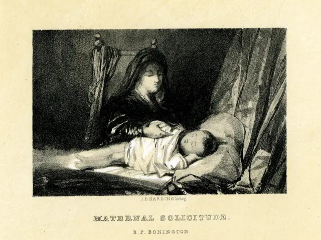 The image shows a woman sitting on a bed, cradling a baby in her arms. She is wearing a white dress...