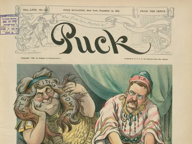 The image shows an old book with a cartoon of a man and a woman on the cover. The man is standing...