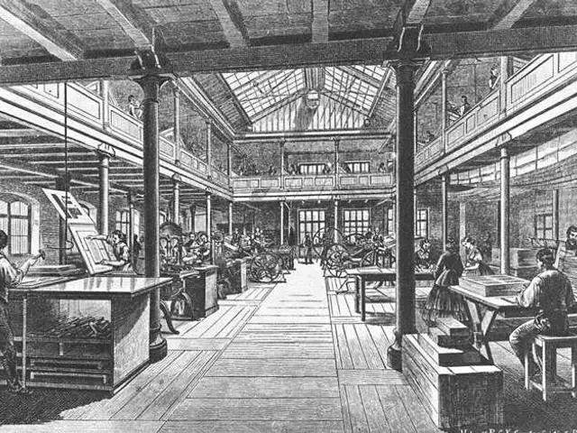 The image shows a black and white drawing of a large room with people working in it. There are...