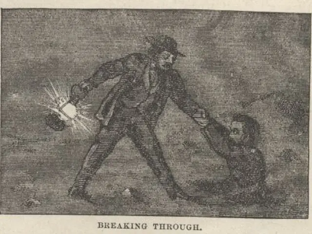 The image shows a man in a suit and hat holding a child's hand, with the words "breaking through"...