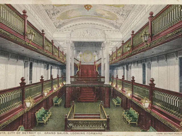 The image shows an old postcard of a grand salon in Detroit, Michigan. It features a staircase,...