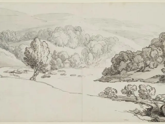 The image shows a wooded landscape with a river winding through it, surrounded by trees and hills....
