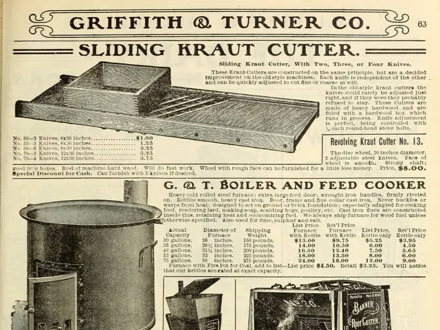 The image shows an old advertisement for a griffin & turner co sliding kraut cutter, featuring...