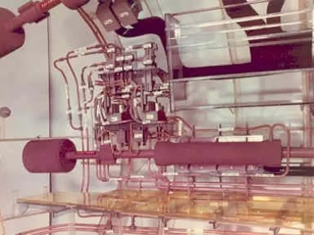 The image shows a close up of a machine inside of a building, with a wall in the background. The...