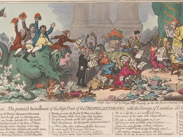 The image shows a cartoon depicting a group of people in a room, with some of them holding objects...