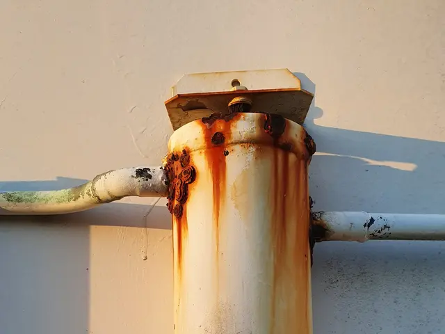 The image shows a close up of a metal pipe on the side of a building, with a metal object and a...