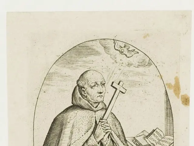 The image shows an engraving of St. Peter de Alcantara, a Catholic saint, holding a cross in his...