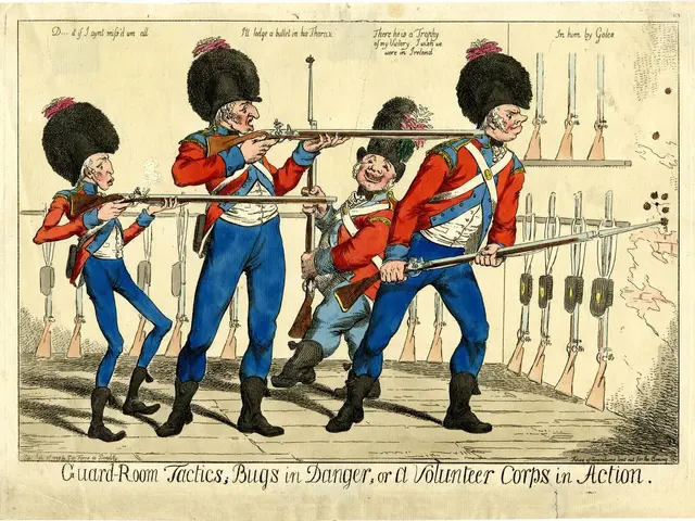 The image shows a cartoon depicting a group of men in uniform, armed with guns, standing in a guard...