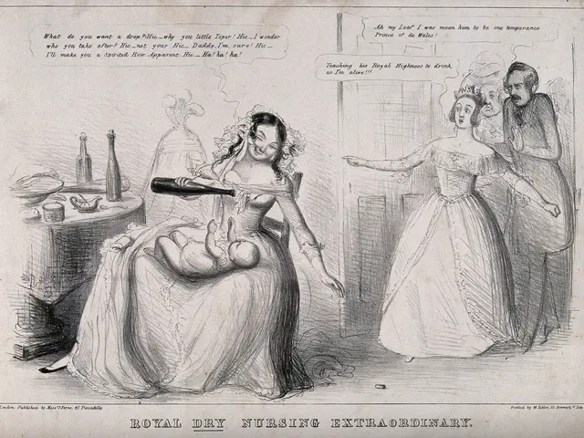 The image shows a woman sitting on a chair, holding a baby in her arms, with a man standing beside...