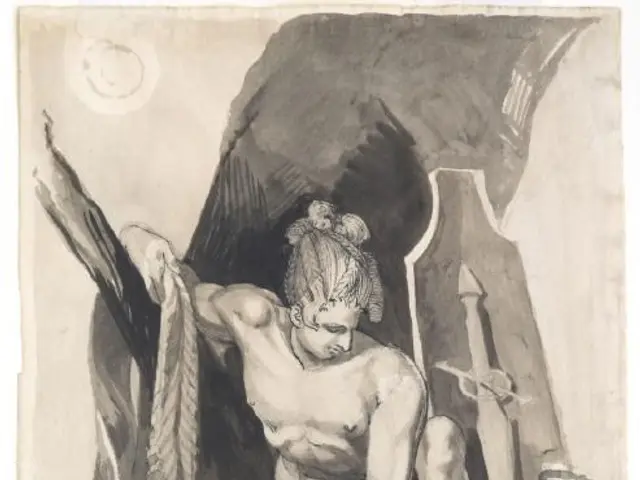 The image shows a black and white drawing of a man sitting atop a rock, with text at the bottom....