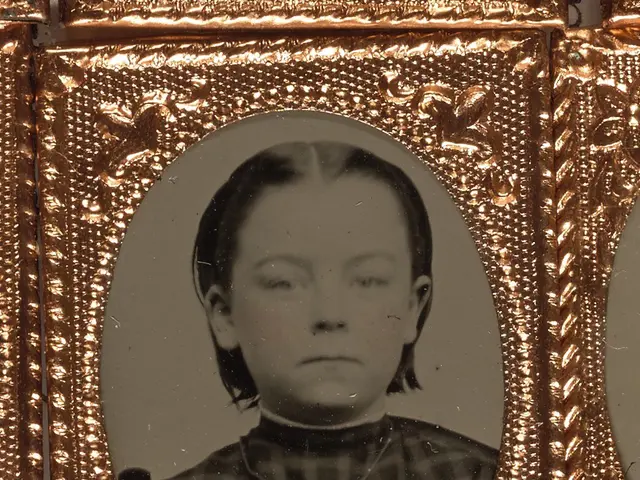The image shows a daguerreotype of a young girl in a black and white photo frame. She has a serious...