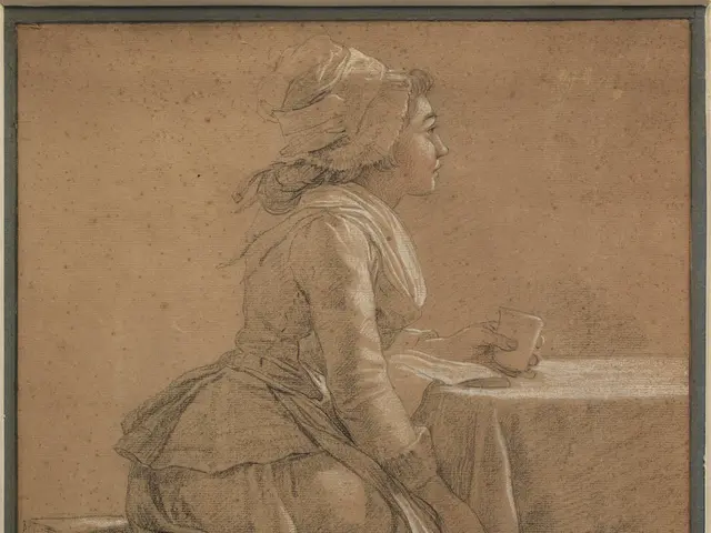 The image shows a woman sitting on a bench, holding a cup of coffee in her hand. She is surrounded...