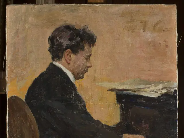 The image shows a painting of a man sitting at a piano, wearing a suit and playing the keys. He is...