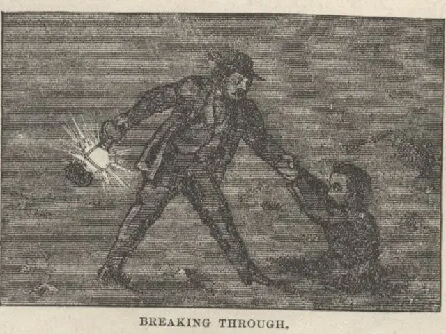 The image shows a man in a suit and hat holding a child's hand, with the words "breaking through"...
