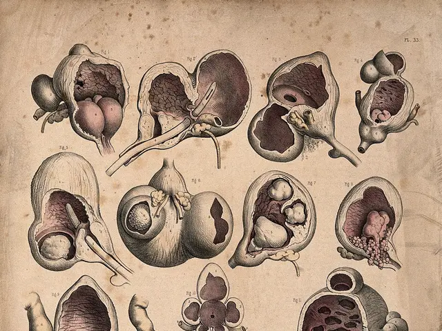 The image shows an old book with a drawing of a variety of human organs, including the uterus, on...