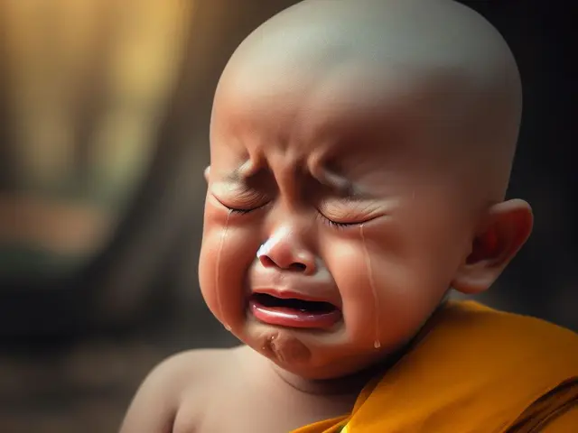 The image shows a baby crying with tears streaming down its face, set against a blurred background....