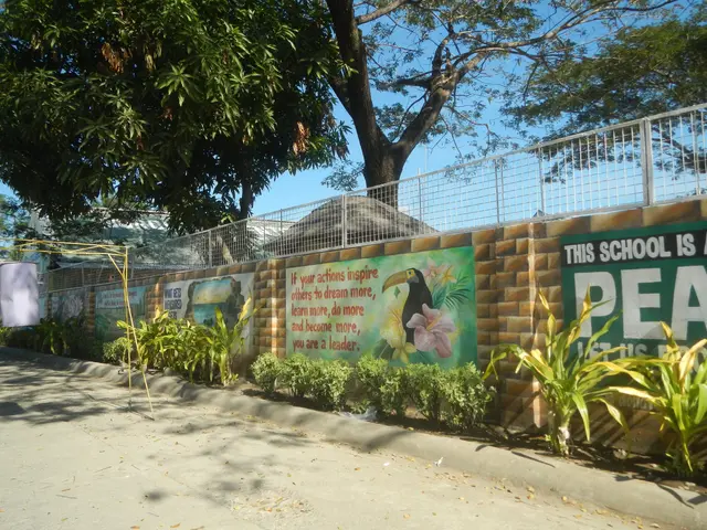 The image shows a wall with a sign that reads "This School is a Peace" surrounded by plants, a...
