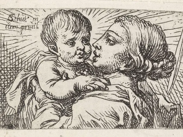 The image shows a black and white drawing of a woman holding a baby in her arms. The woman has a...