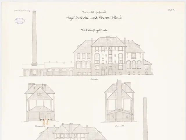 The image shows a drawing of a building with a lot of windows and a chimney, which is believed to...