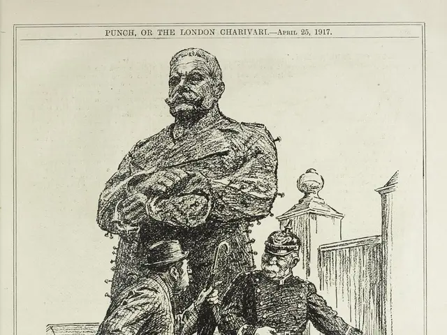 The image shows an old book with a drawing of a man standing in front of a fence, with two other...