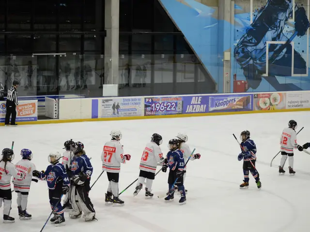The image shows a group of young people playing a game of ice hockey on an ice rink. They are all...