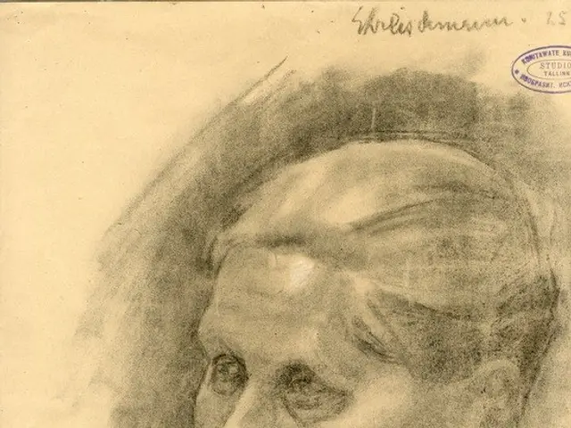 The image shows an old woman with her hand on her chin, drawn on a piece of paper with some text...