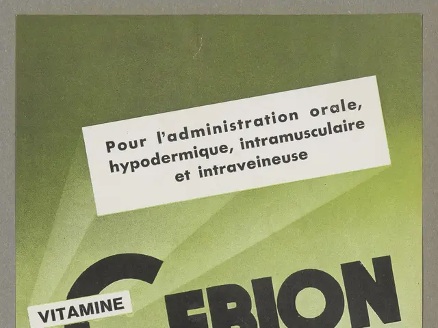 The image shows a poster with a bottle of Cebion Merck Vitamin C and a box of pills on it. The...