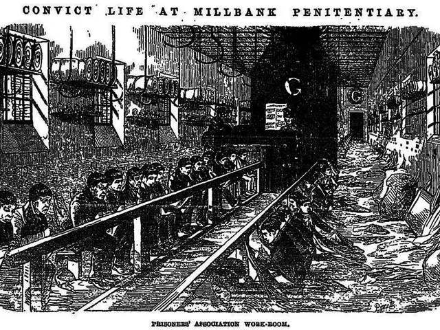 The image shows a black and white drawing of a train station with people sitting on the railway...