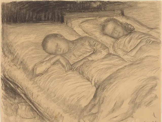 The image shows a drawing of two children sleeping peacefully on a bed, with text at the bottom.