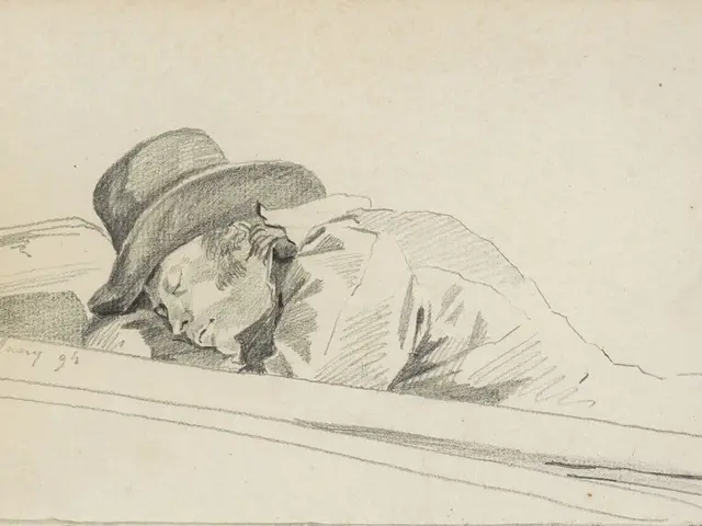 The image shows a drawing of a man wearing a hat, sleeping peacefully on a bed. His head is resting...