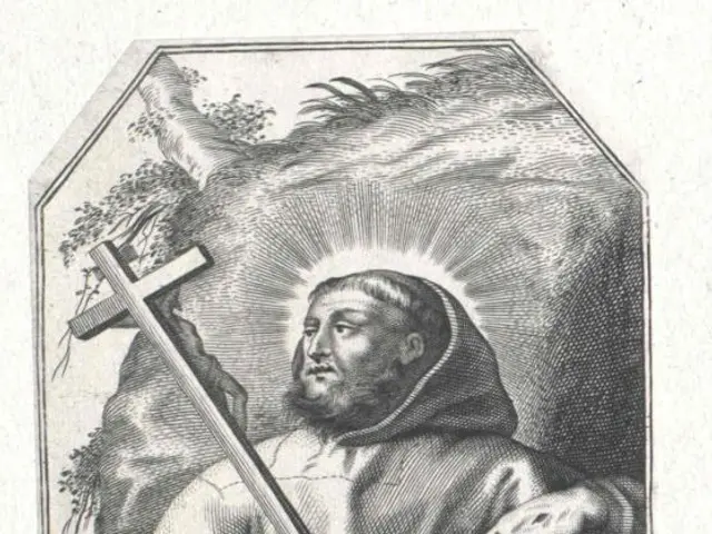The image shows a black and white engraving of St. Francis of Assisi, holding a cross in one hand...