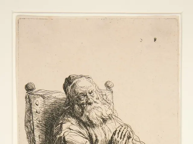 The image shows an old man sitting in a chair, with a photo frame surrounding him. He has a long...