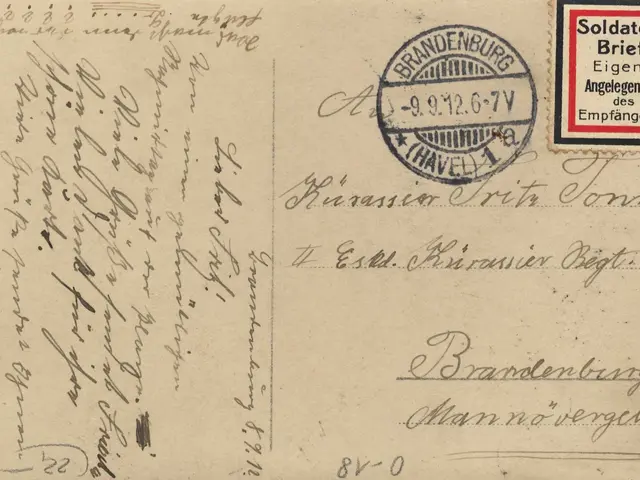 The image shows an old postcard with a stamp on it, which is from Brandenburg, Germany, and is an...