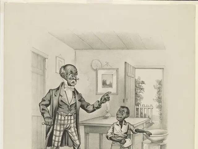 The image shows a man and a child standing in front of a table with a bowl on it. On the wall...