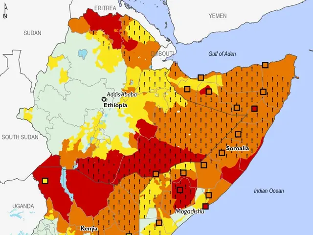 The image shows a map of Africa with different colors indicating the percentage of food insecurity...